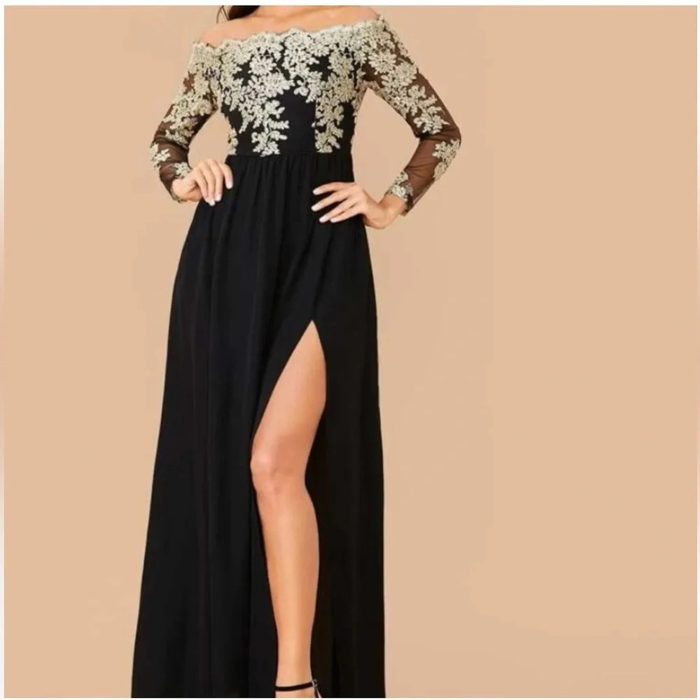 Sheln Black And Gold Off The Shoulder long dress size L. Never worn - Picture 1 of 6